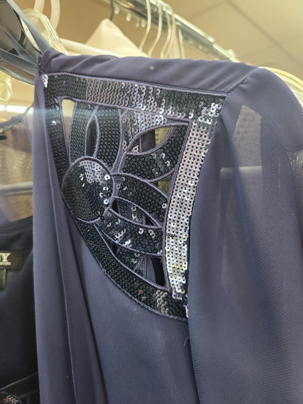 SLNY Navy Blazer with Black Sequin Floral Appliqué